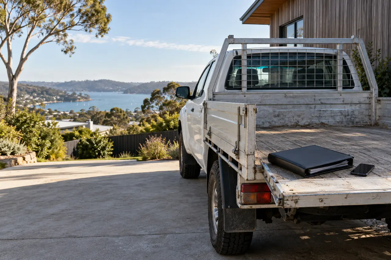A work ute with paperwork on its tray overlooking an Australian residential area